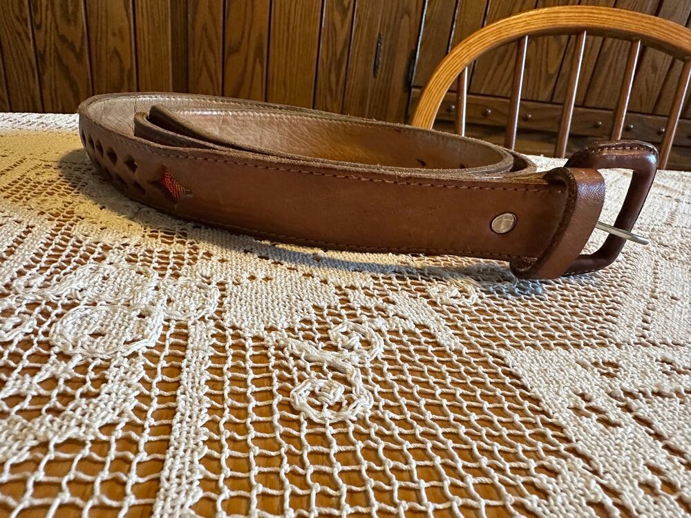Vintage Southwestern Leather Belt Diamond Cutout Woven Textile Inlay Boho 59"